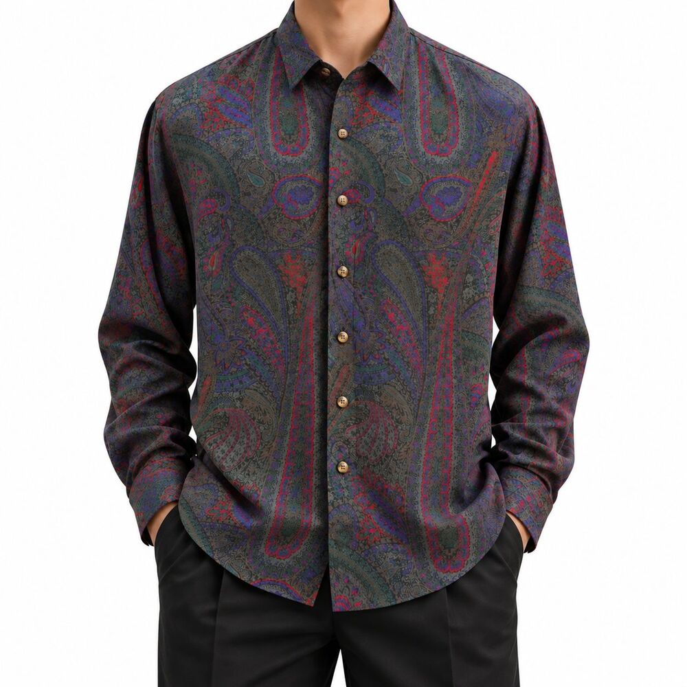 Mens Large Green Multicolor Paisley Silky Long Sleeve Button Up Dress Shirt NWT